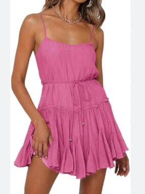 GLAM Ruffled Shorts Romper Scoop Neck Spaghetti Strap Cover Up Bubble Gum Pink L